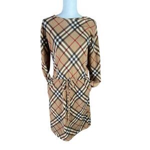 Flamingo Cream Plaid Check Long Sleeve Classic Fitted Dress Wm’s Sz Medium